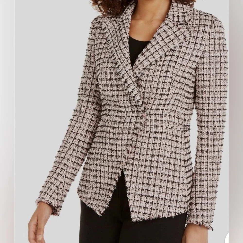 Elie Tahari Jezebel Tweed Frayed Trim Plaid Jacket Size 2 - Picture 2 of 10